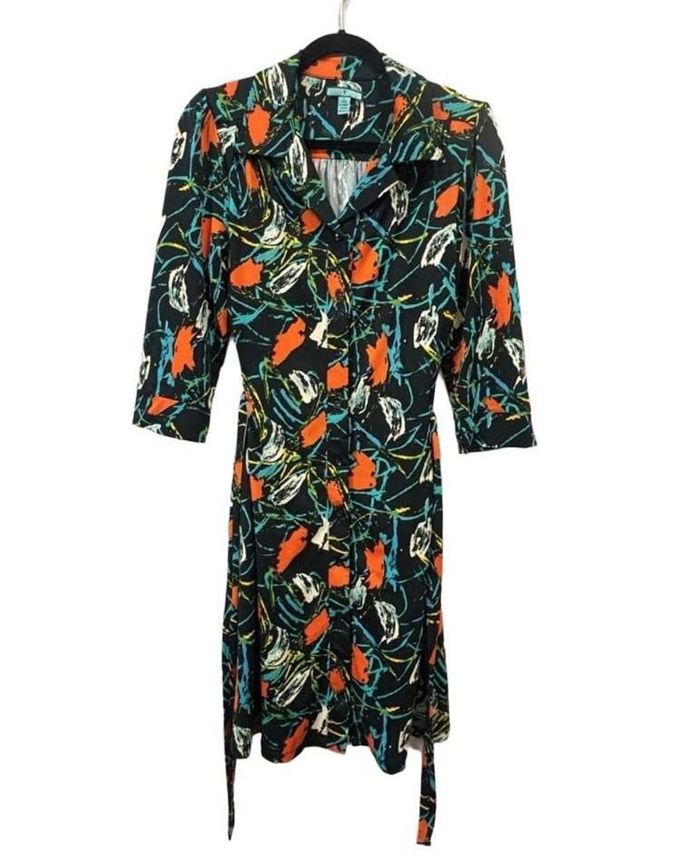 Louie Lucie Dress Black Abstract Print Belted Shirtdress Sz L